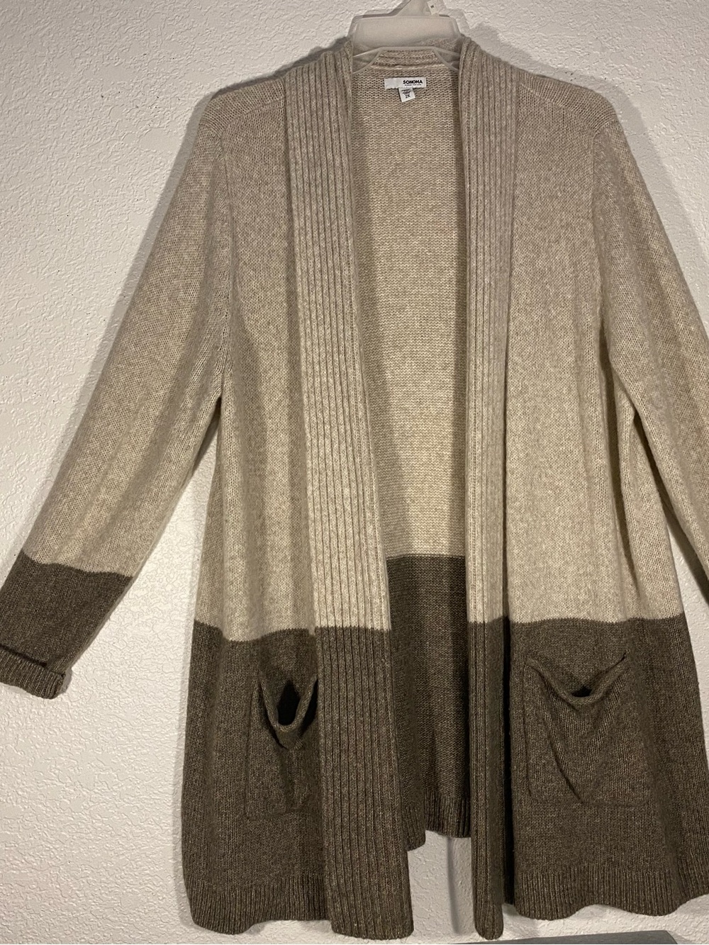 Sonoma Two-Tone Cream and Brown Open Front Cardigan